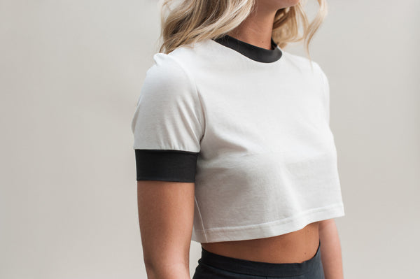 Contrast Crop. White organic cotton and bamboo crop top with gray contrast details.